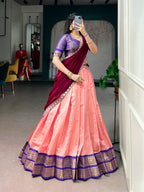 Lorenvalley Fashion Peach Kanchipuram Zari Weaving Work Lehenga Choli with Dupatta | Grocsy