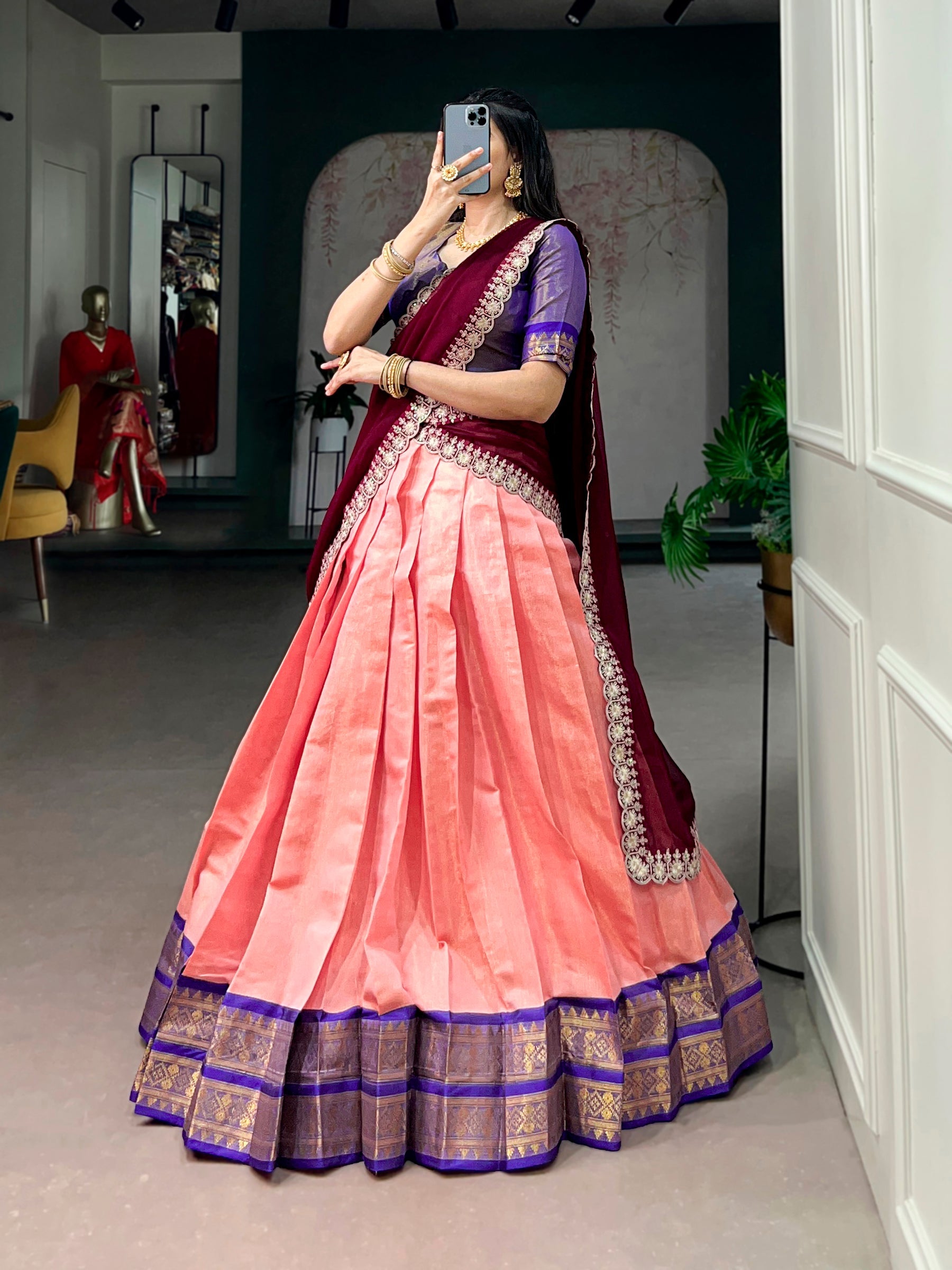 Lorenvalley Fashion Peach Kanchipuram Zari Weaving Work Lehenga Choli with Dupatta | Grocsy