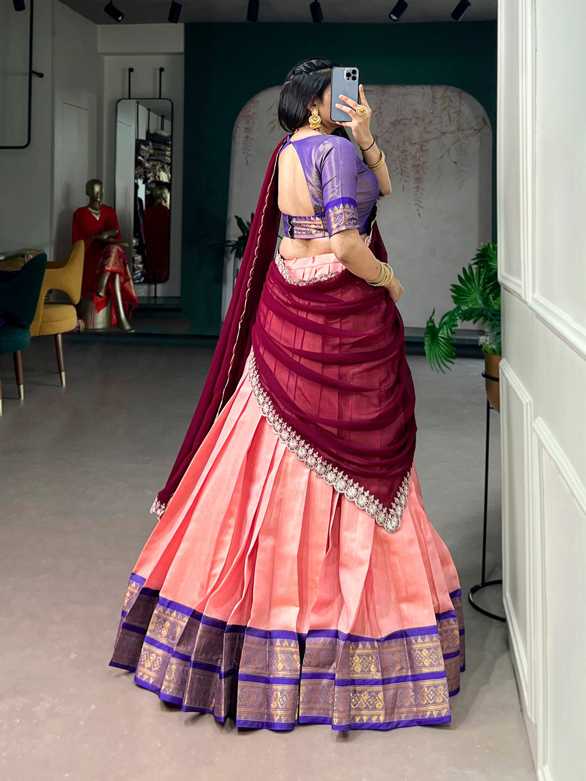 Lorenvalley Fashion Peach Kanchipuram Zari Weaving Work Lehenga Choli with Dupatta | Grocsy