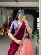 Lorenvalley Fashion Peach Kanchipuram Zari Weaving Work Lehenga Choli with Dupatta | Grocsy