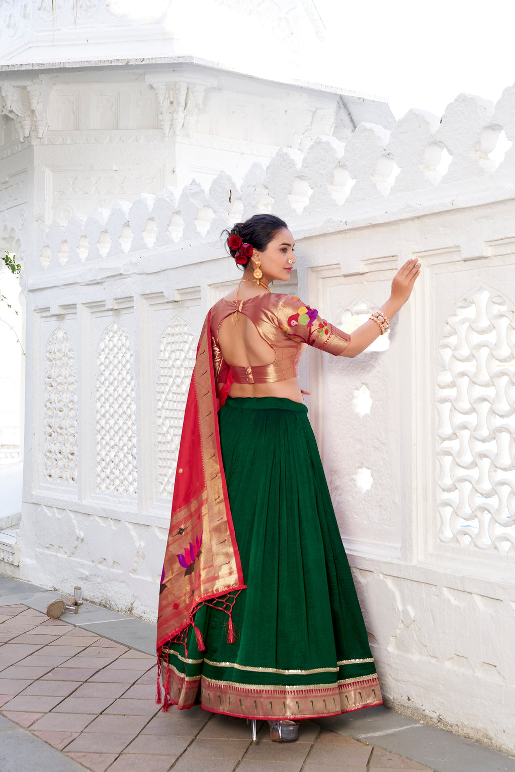 Lorenvalley Green Vichitra Silk Plain with Paithani lace border Lehenga Choli | Grocsy