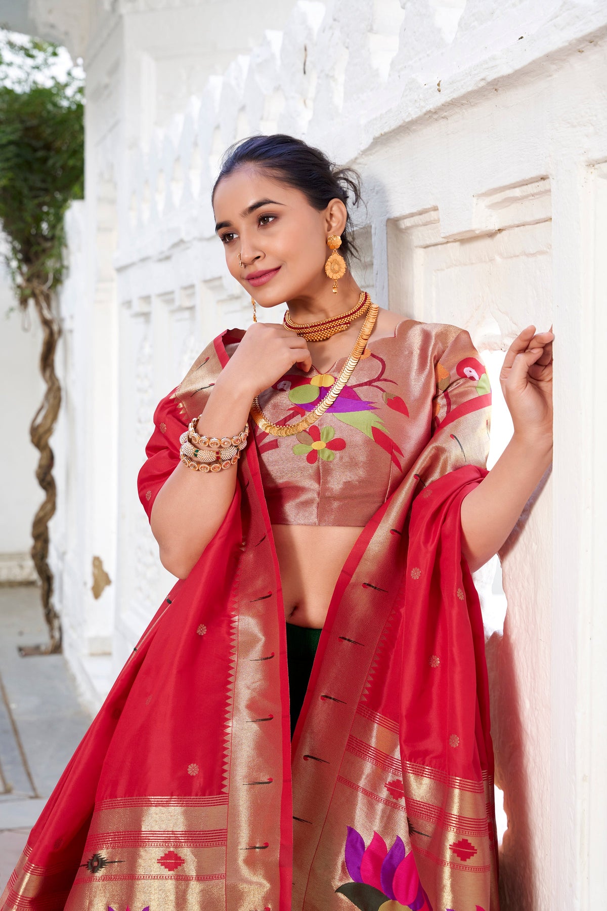 Lorenvalley Green Vichitra Silk Plain with Paithani lace border Lehenga Choli | Grocsy