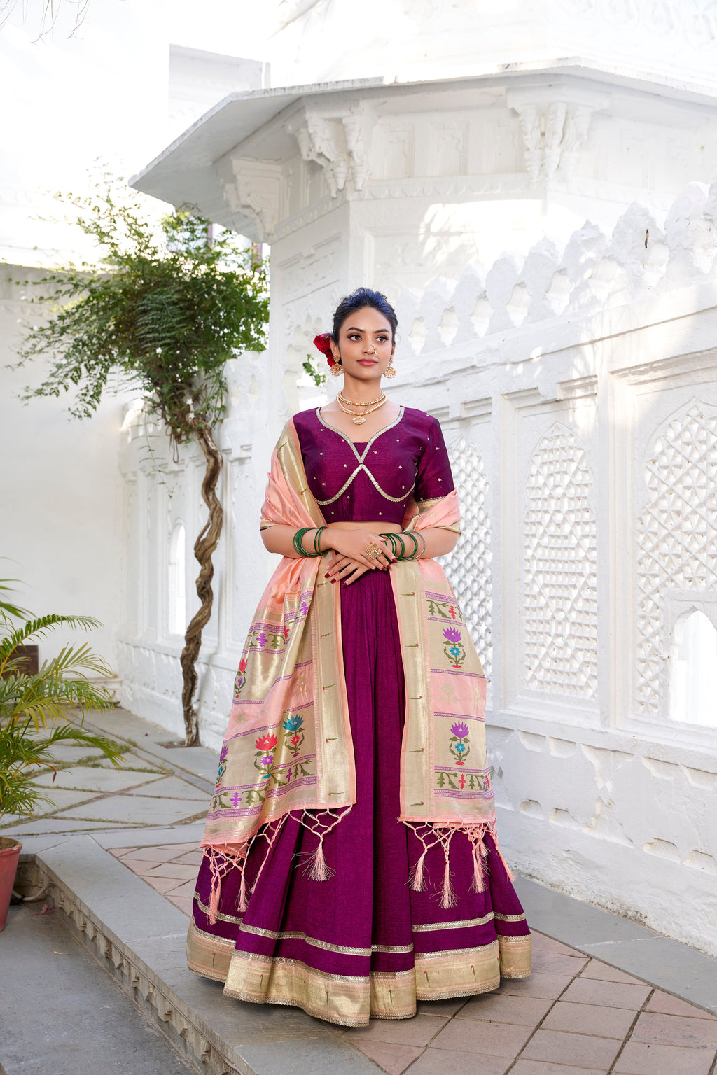 Lorenvalley Green Vichitra Silk Plain with Paithani lace border Lehenga Choli | Grocsy