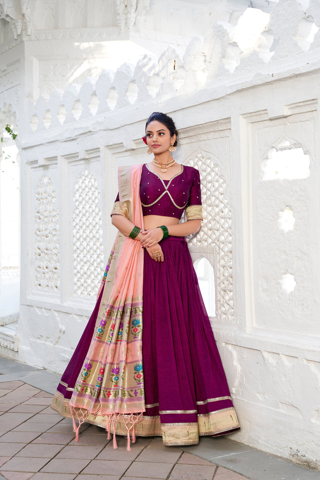 Lorenvalley Green Vichitra Silk Plain with Paithani lace border Lehenga Choli | Grocsy