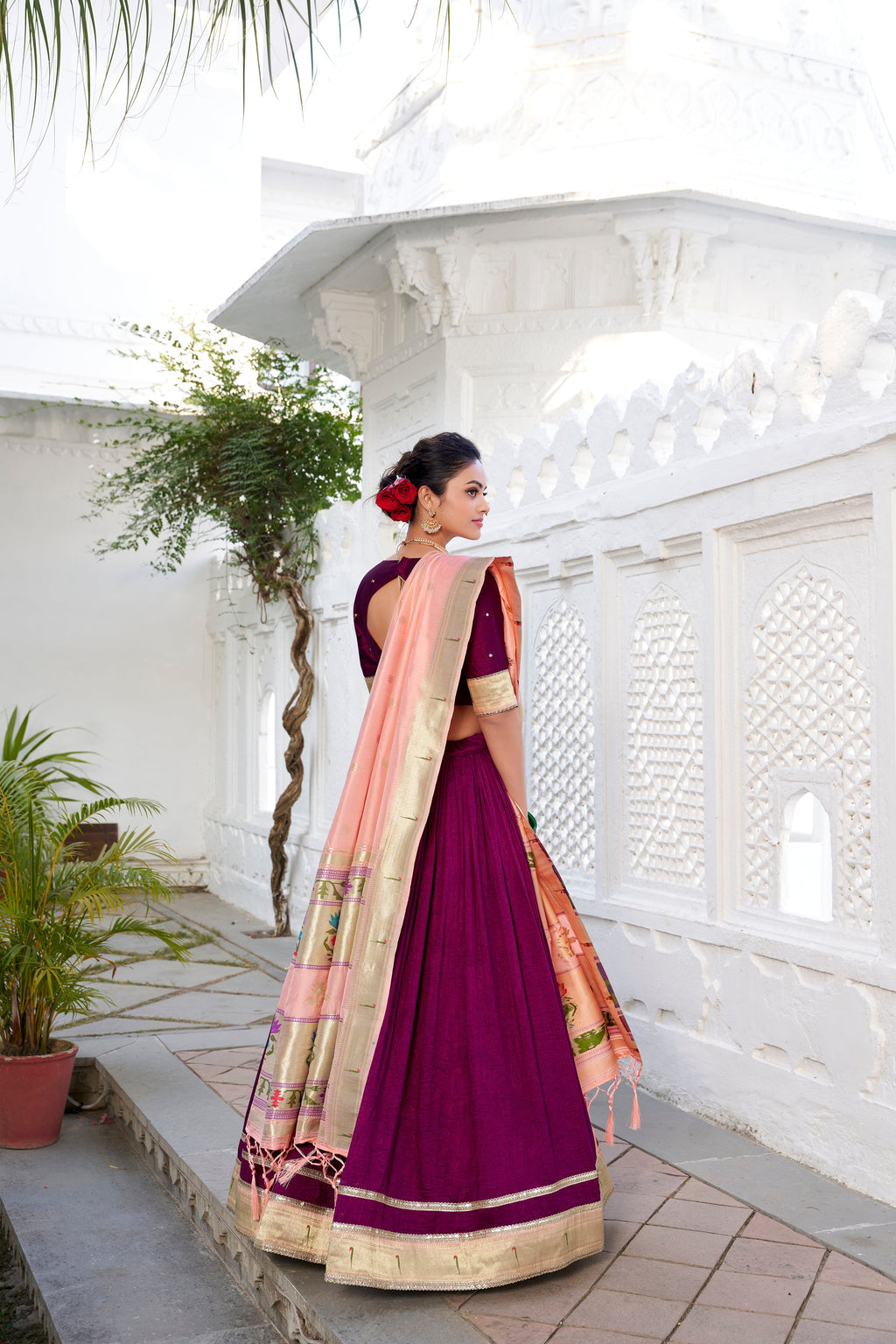 Lorenvalley Green Vichitra Silk Plain with Paithani lace border Lehenga Choli | Grocsy