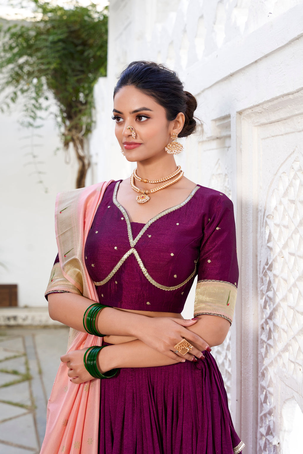 Lorenvalley Green Vichitra Silk Plain with Paithani lace border Lehenga Choli | Grocsy