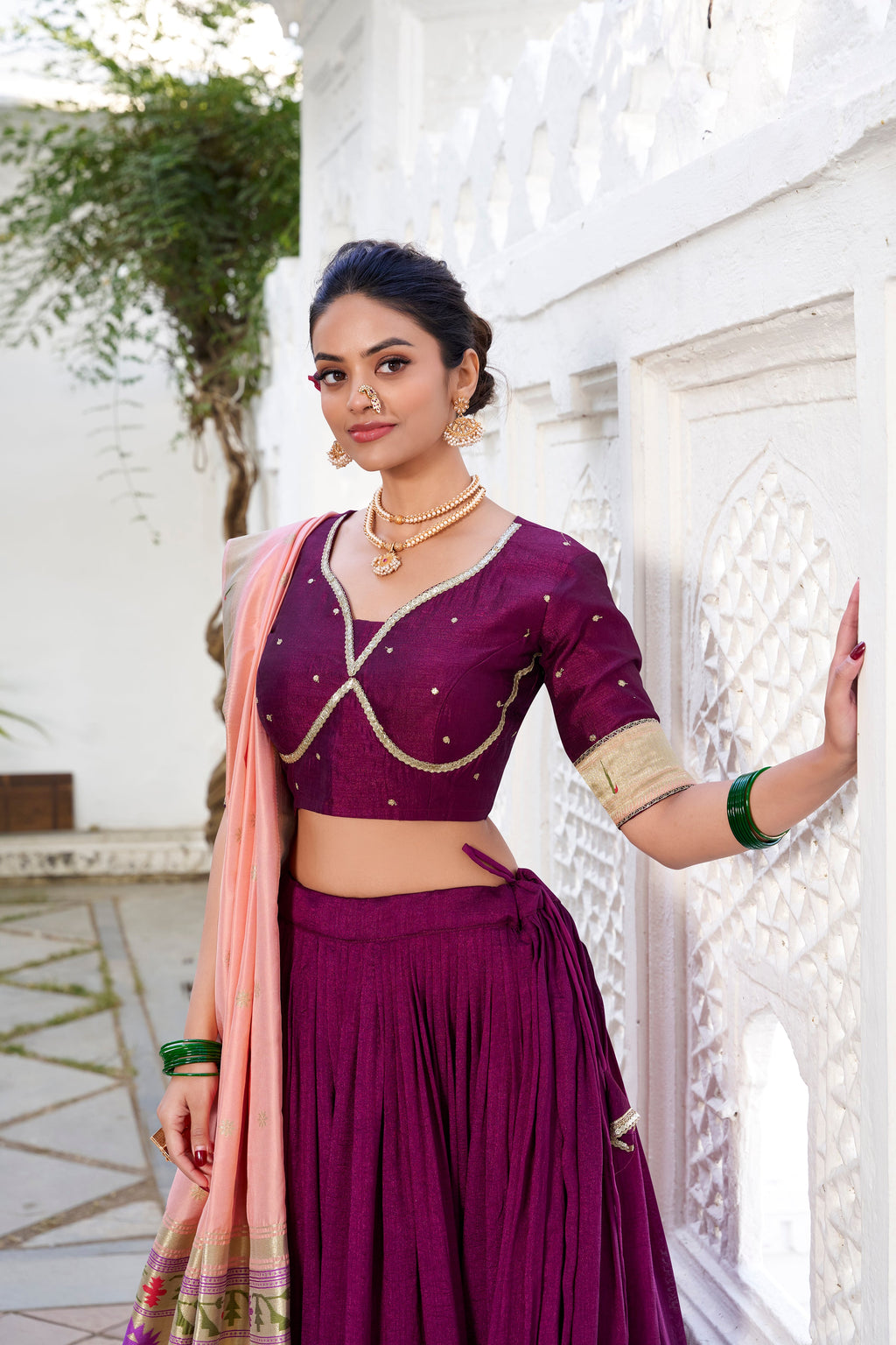 Lorenvalley Green Vichitra Silk Plain with Paithani lace border Lehenga Choli | Grocsy