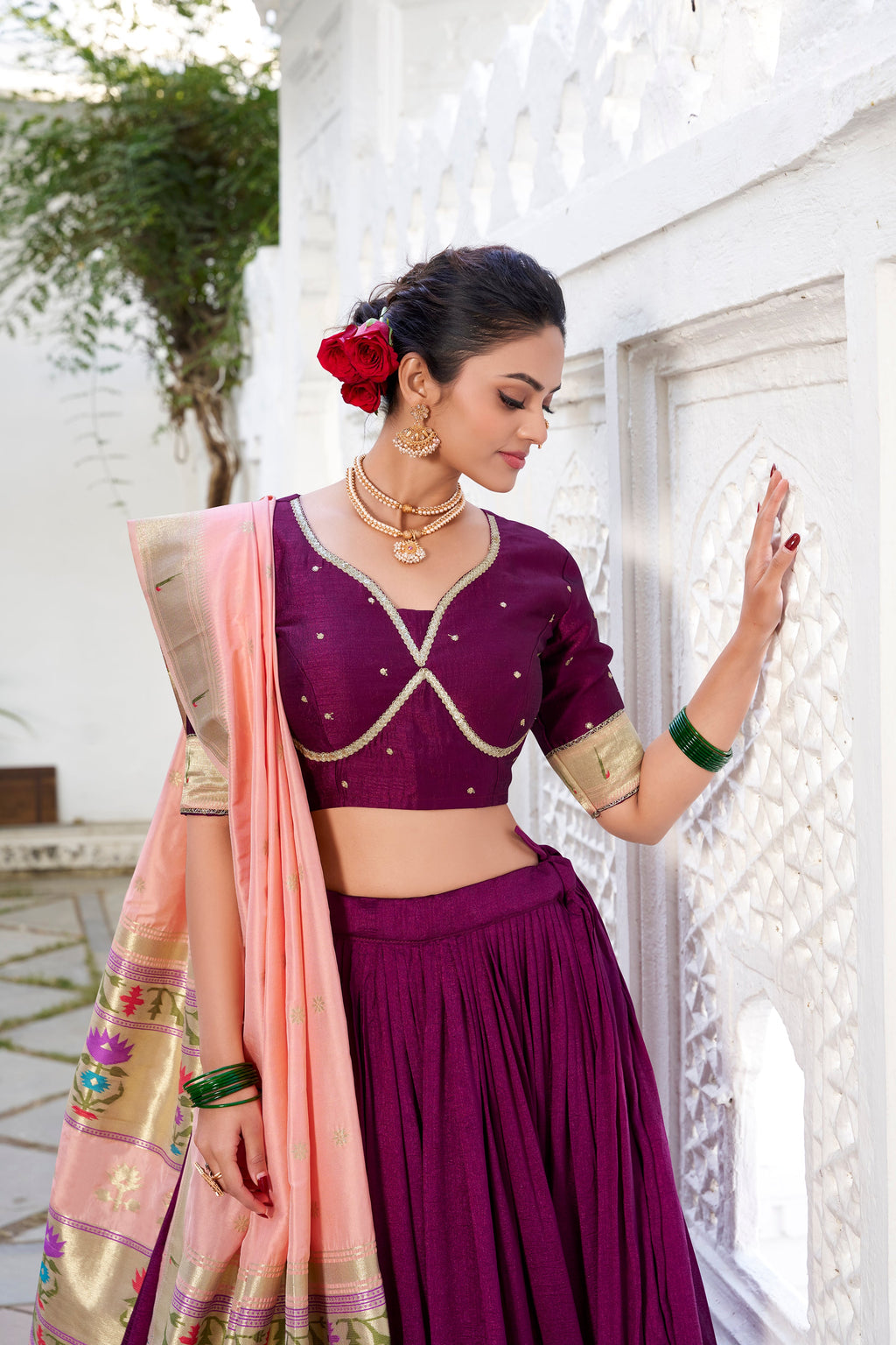 Lorenvalley Green Vichitra Silk Plain with Paithani lace border Lehenga Choli | Grocsy