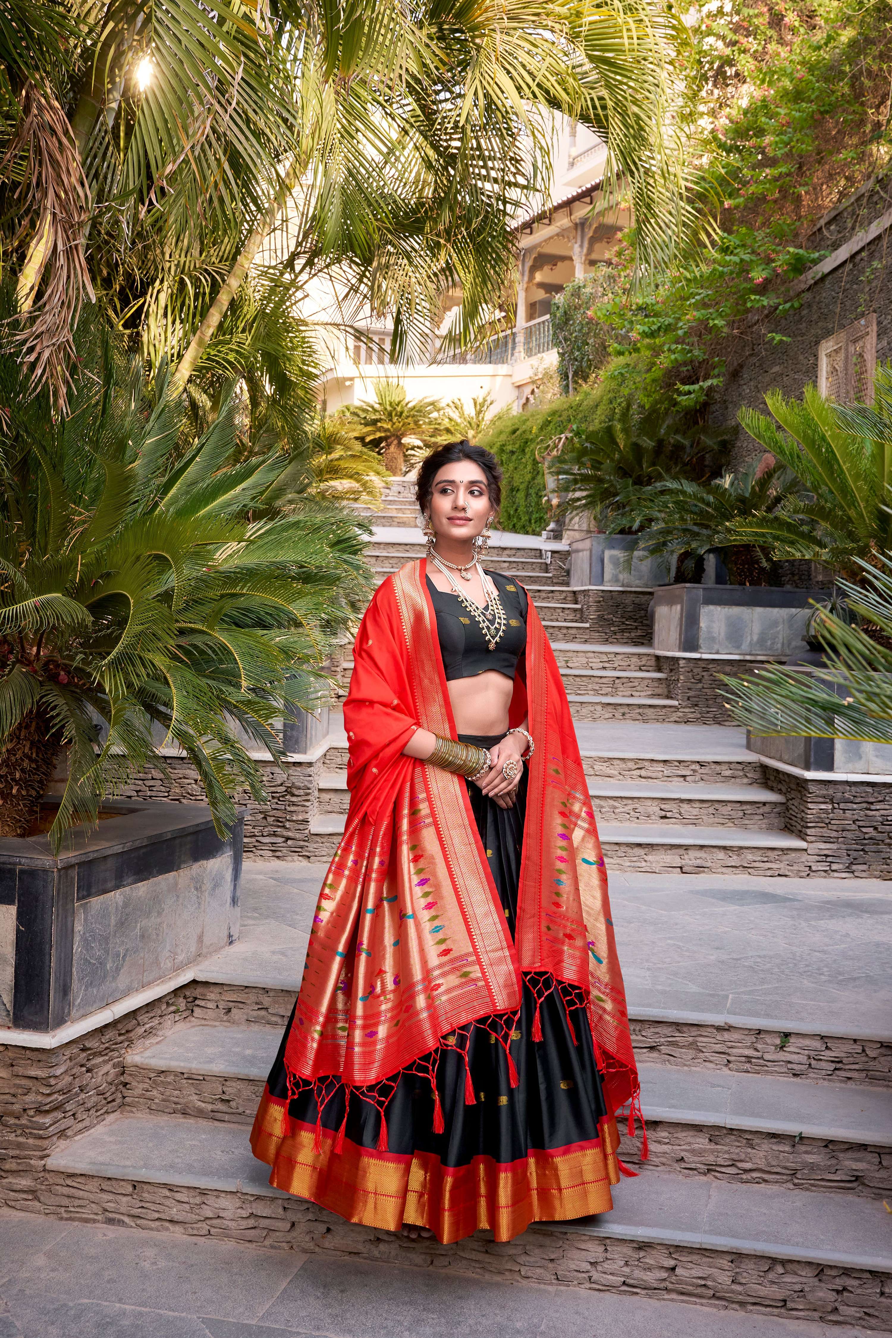 Lorenvalley Black Jacquard Silk Paithani Zari Weaving Work Lehenga Choli with Dupatta | Grocsy