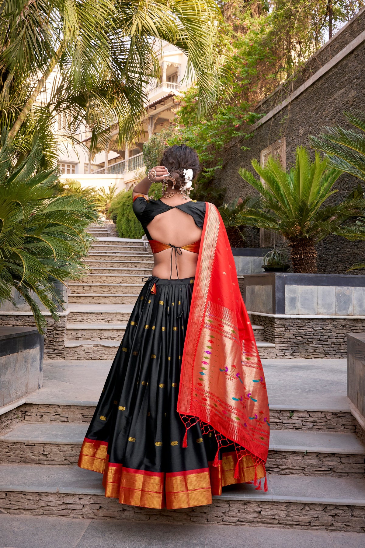 Lorenvalley Black Jacquard Silk Paithani Zari Weaving Work Lehenga Choli with Dupatta | Grocsy