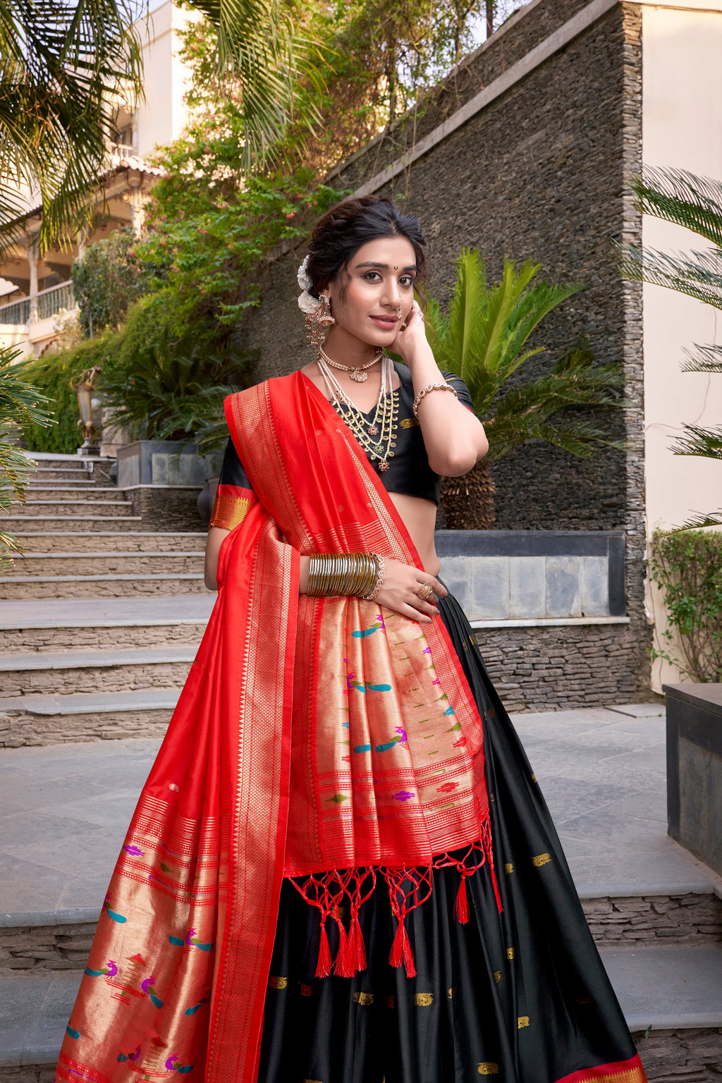 Lorenvalley Black Jacquard Silk Paithani Zari Weaving Work Lehenga Choli with Dupatta | Grocsy