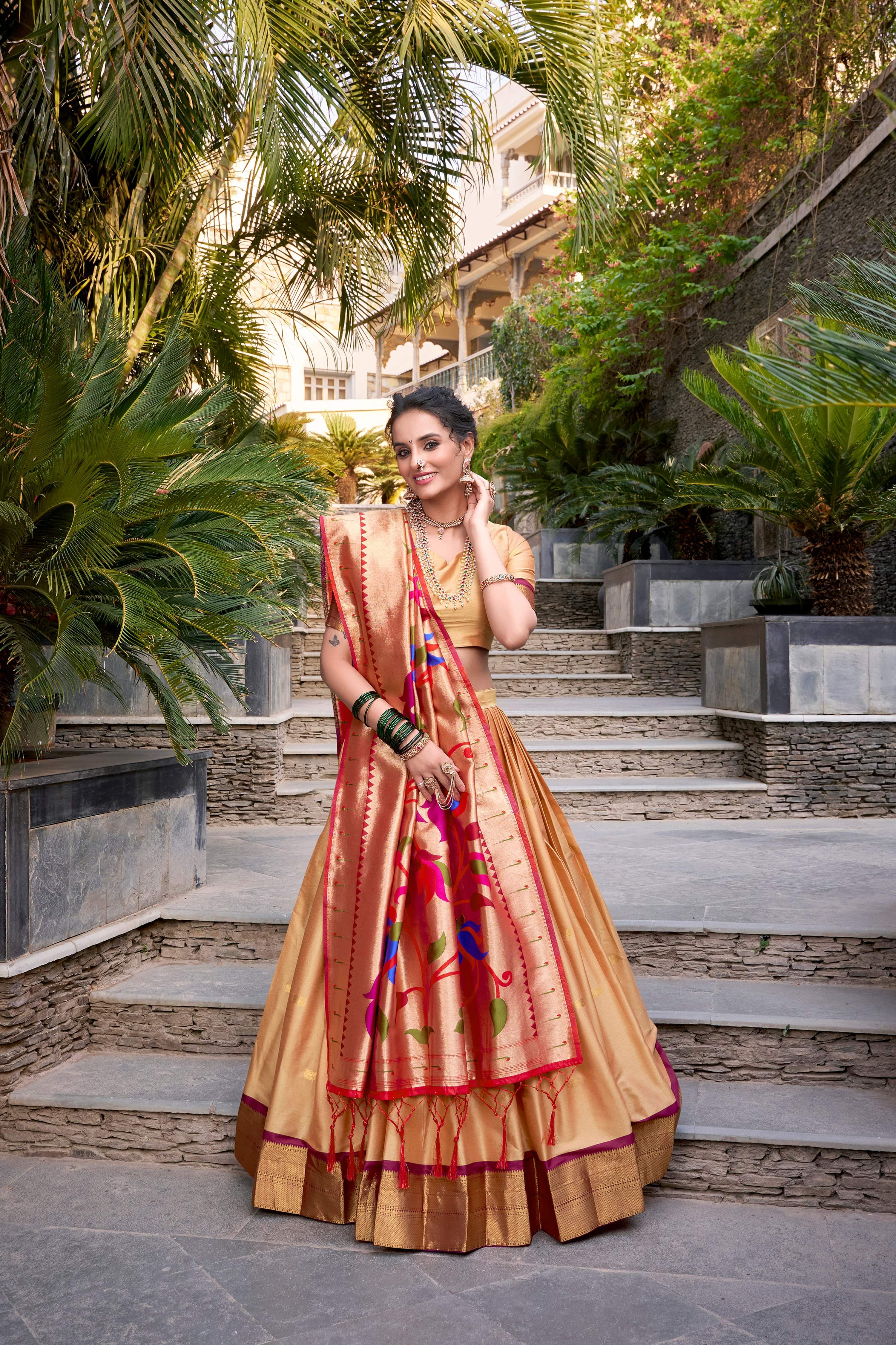 Lorenvalley Chiku Jacquard Silk Paithani Zari Weaving Work Lehenga Choli with Dupatta | Grocsy
