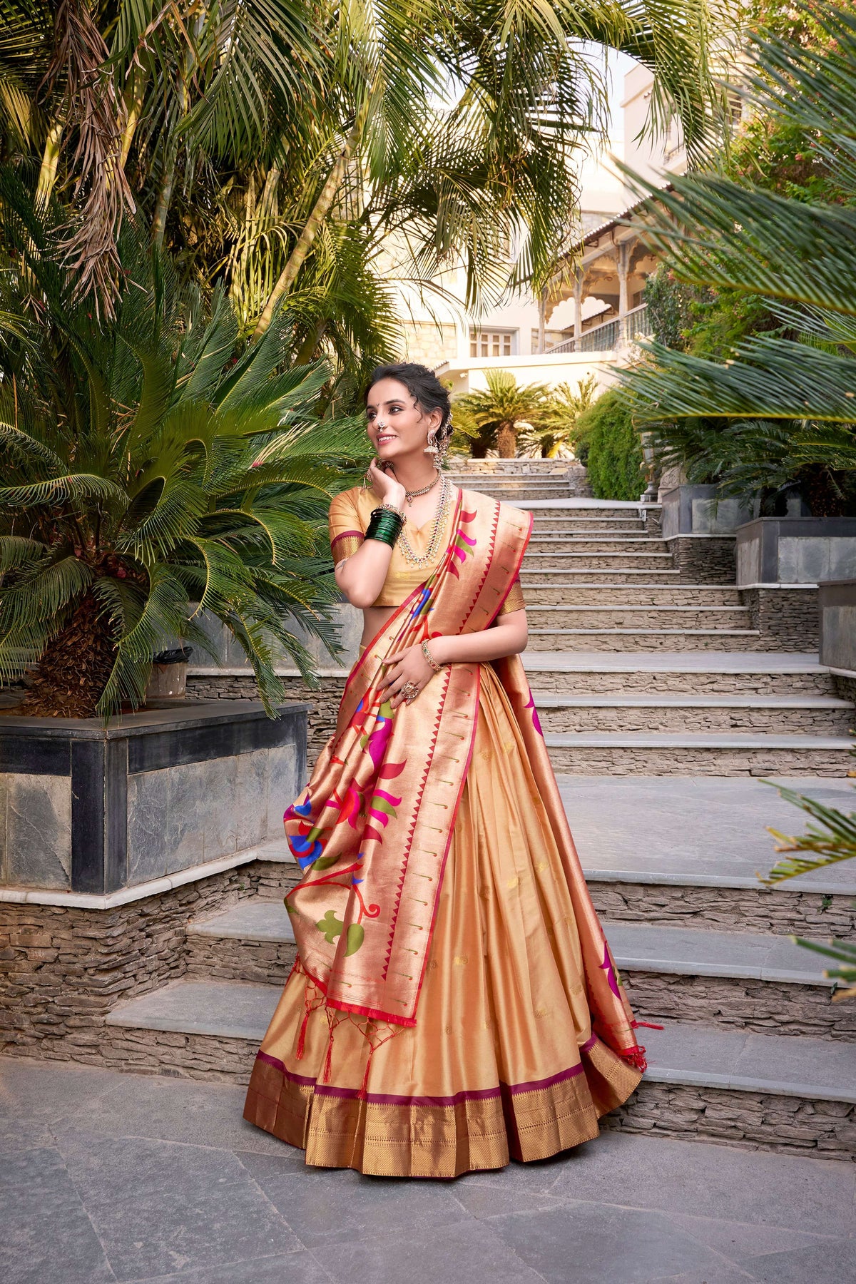 Lorenvalley Chiku Jacquard Silk Paithani Zari Weaving Work Lehenga Choli with Dupatta | Grocsy