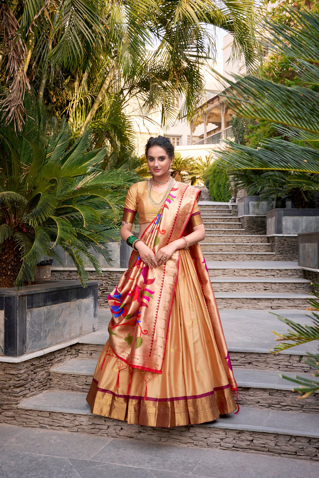 Lorenvalley Chiku Jacquard Silk Paithani Zari Weaving Work Lehenga Choli with Dupatta | Grocsy
