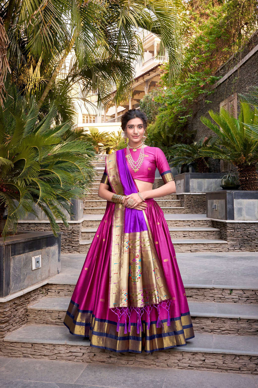 Lorenvalley Pink Jacquard Silk Paithani Zari Weaving Work Lehenga Choli with Dupatta | Grocsy