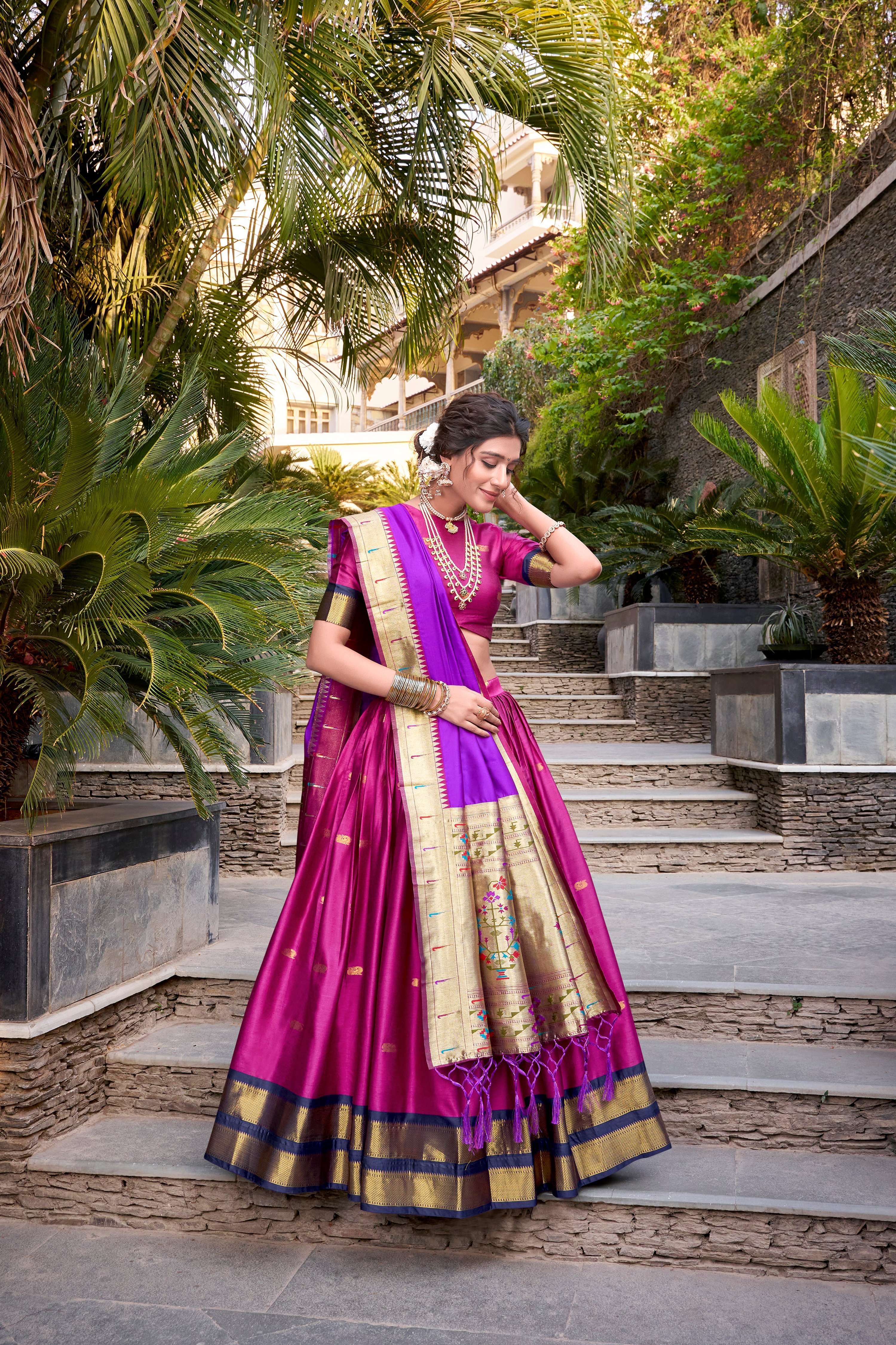 Lorenvalley Pink Jacquard Silk Paithani Zari Weaving Work Lehenga Choli with Dupatta | Grocsy