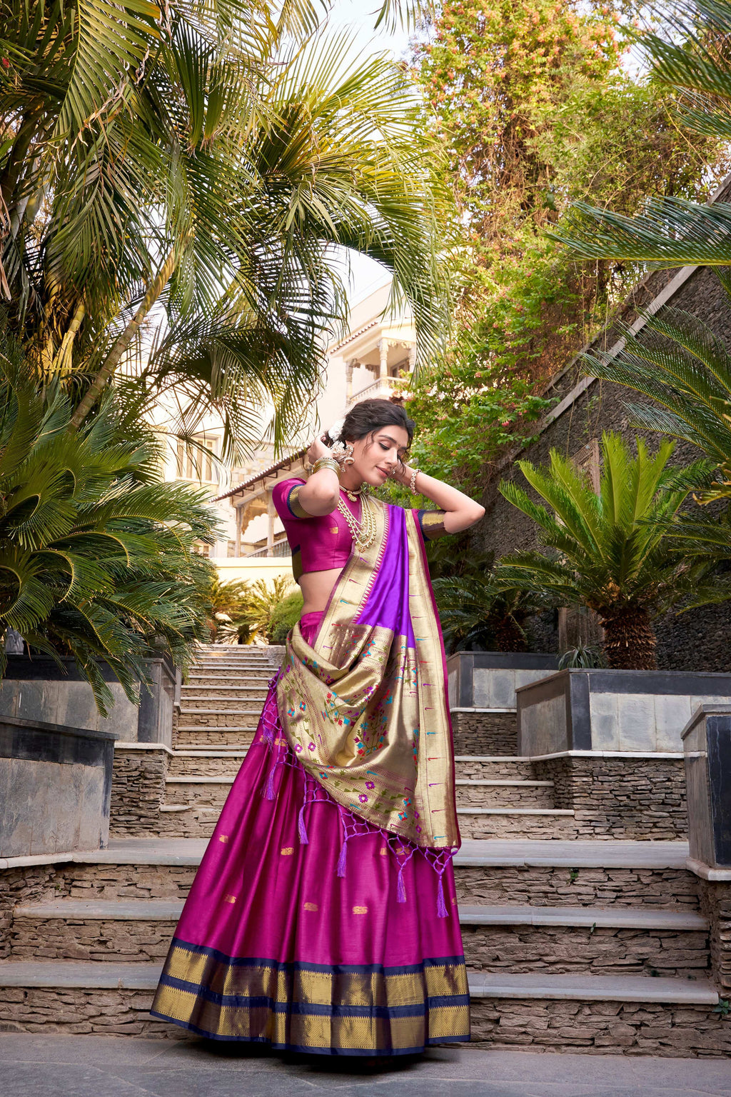 Lorenvalley Pink Jacquard Silk Paithani Zari Weaving Work Lehenga Choli with Dupatta | Grocsy