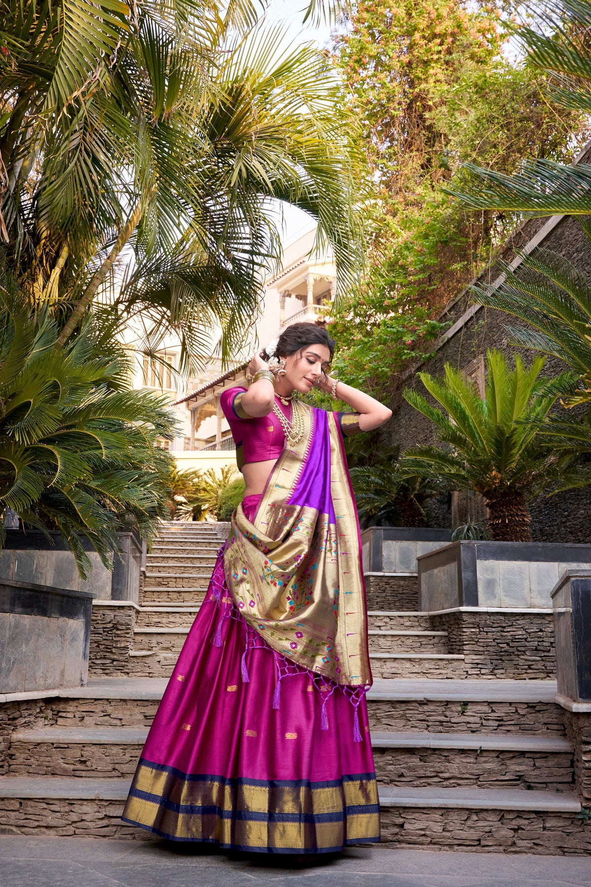 Lorenvalley Pink Jacquard Silk Paithani Zari Weaving Work Lehenga Choli with Dupatta | Grocsy