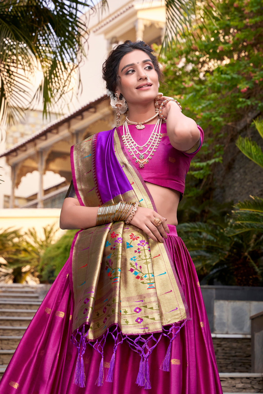 Lorenvalley Pink Jacquard Silk Paithani Zari Weaving Work Lehenga Choli with Dupatta | Grocsy