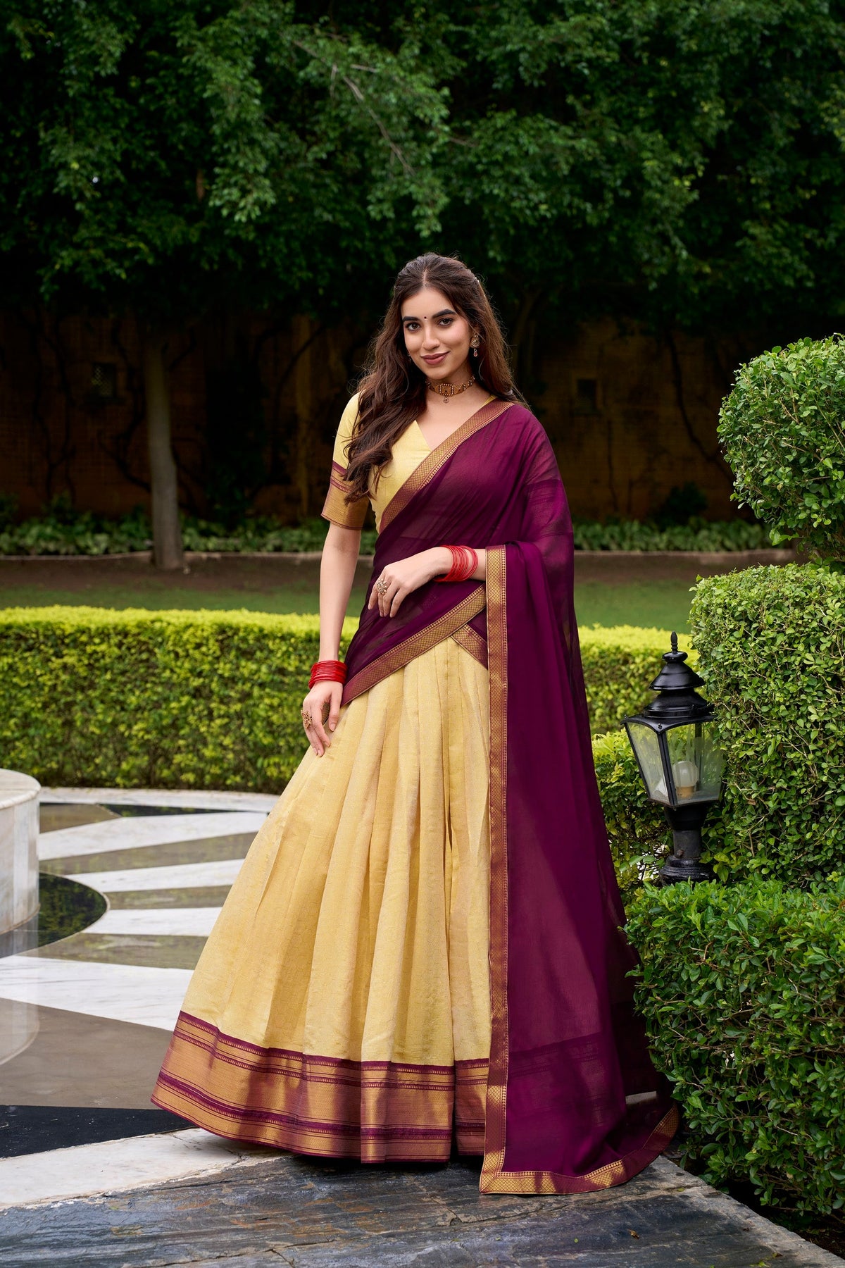 Lorenvalley Fashion Cream Kanchipuram Zari Weaving Work Lehenga Choli with Dupatta | Grocsy