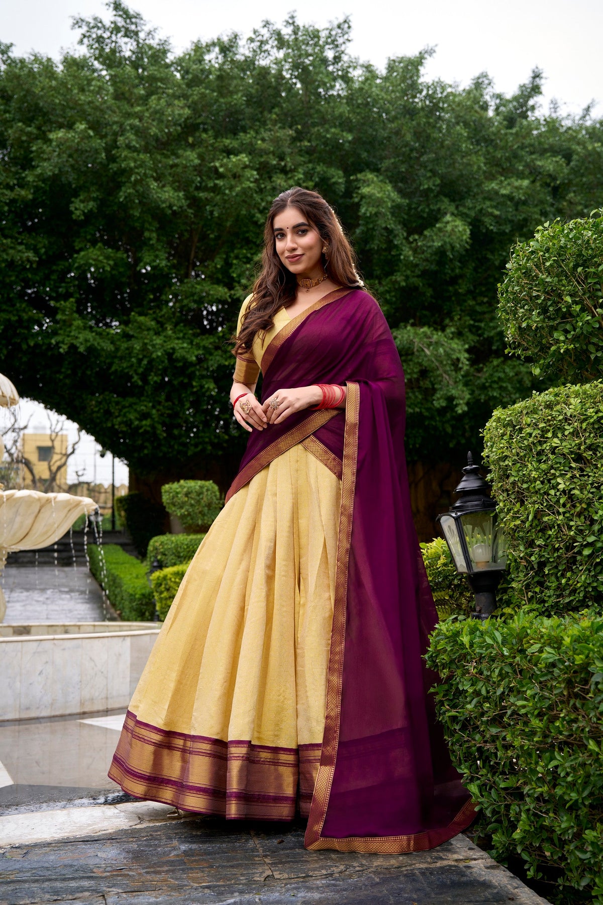 Lorenvalley Fashion Cream Kanchipuram Zari Weaving Work Lehenga Choli with Dupatta | Grocsy