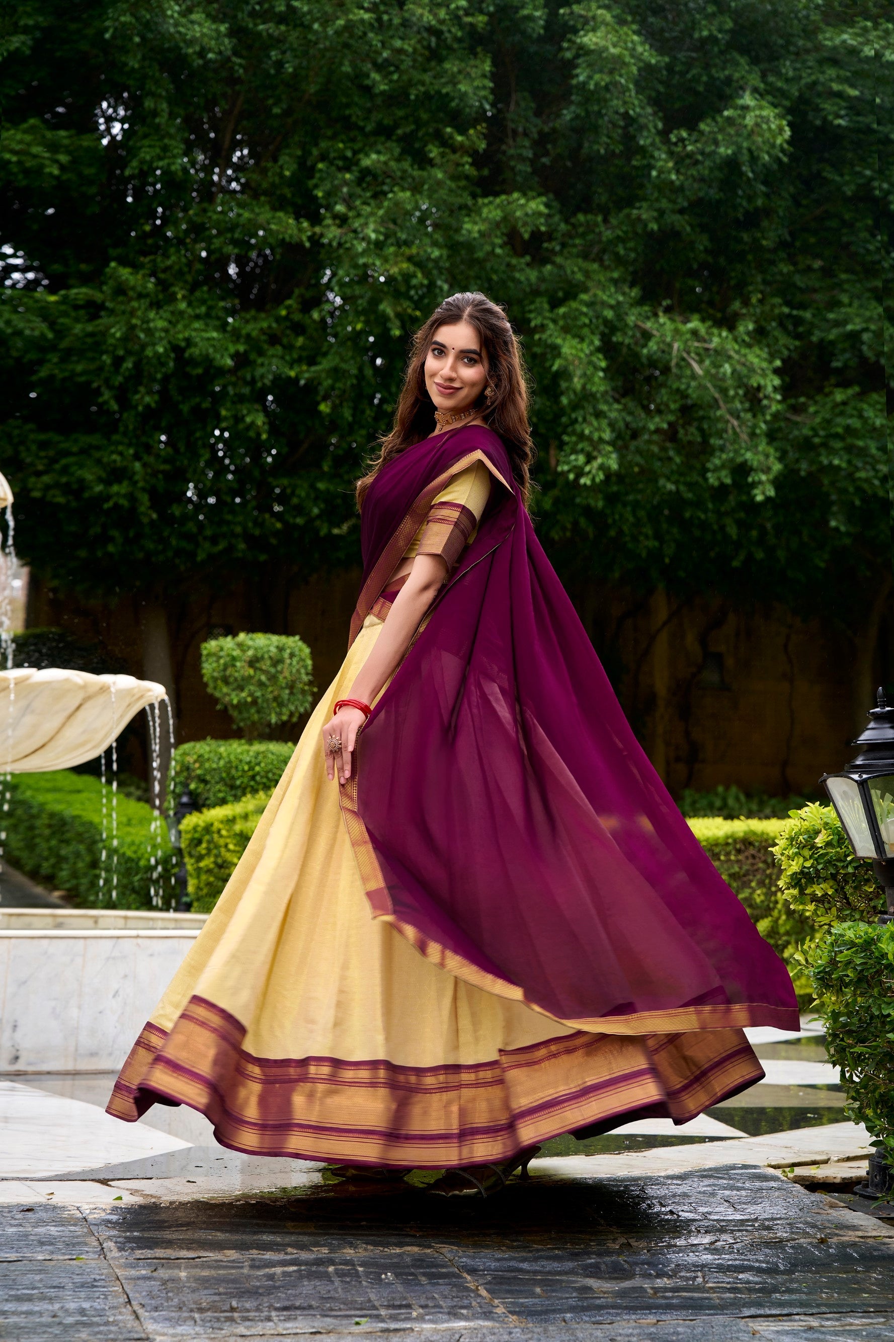 Lorenvalley Fashion Cream Kanchipuram Zari Weaving Work Lehenga Choli with Dupatta | Grocsy