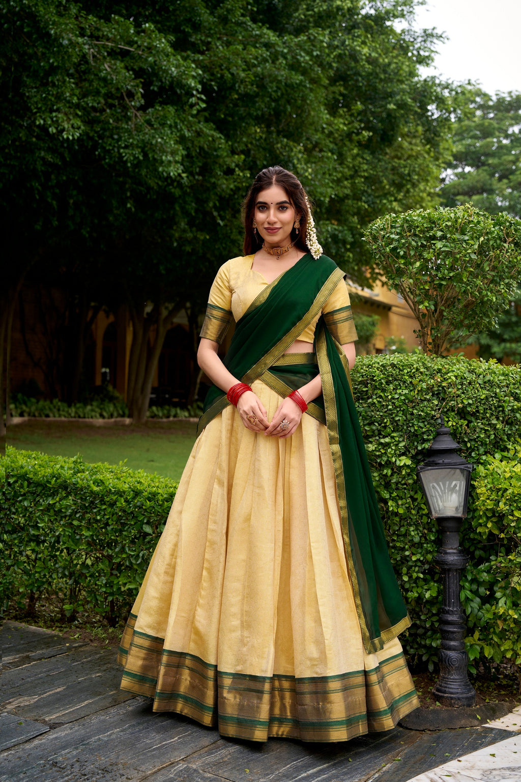 Lorenvalley Fashion Cream Kanchipuram Zari Weaving Work Lehenga Choli with Dupatta | Grocsy