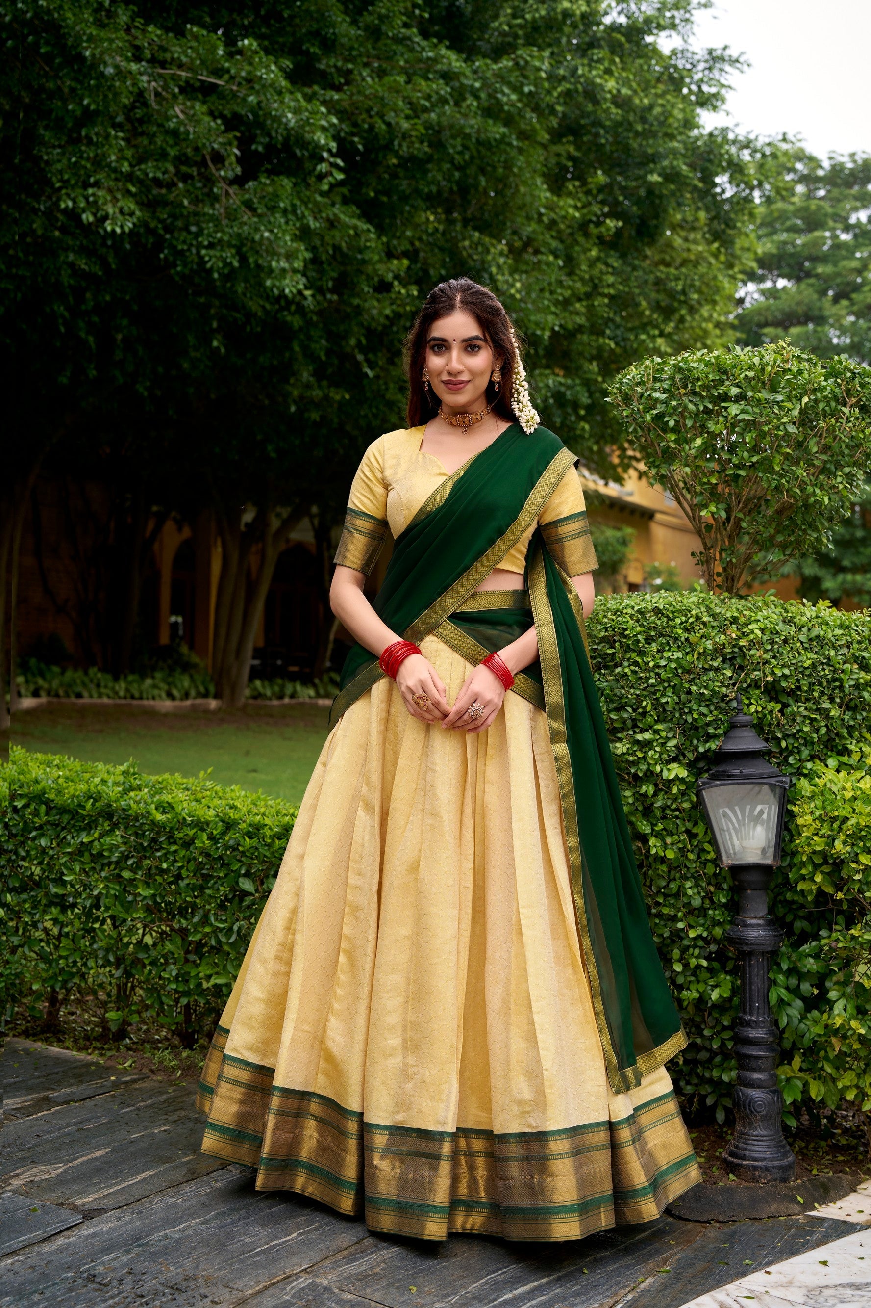 Lorenvalley Fashion Cream Kanchipuram Zari Weaving Work Lehenga Choli with Dupatta | Grocsy