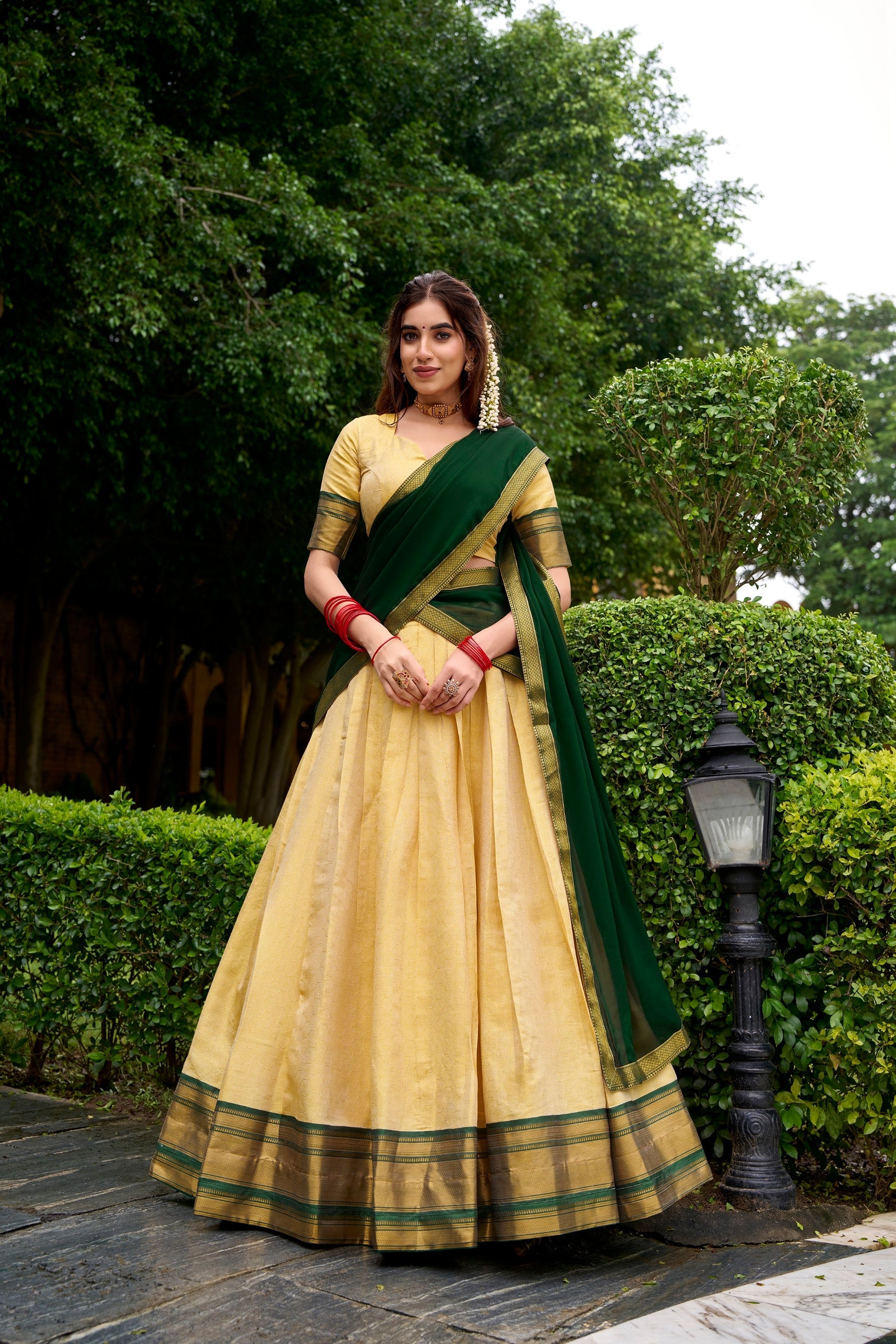 Lorenvalley Fashion Cream Kanchipuram Zari Weaving Work Lehenga Choli with Dupatta | Grocsy