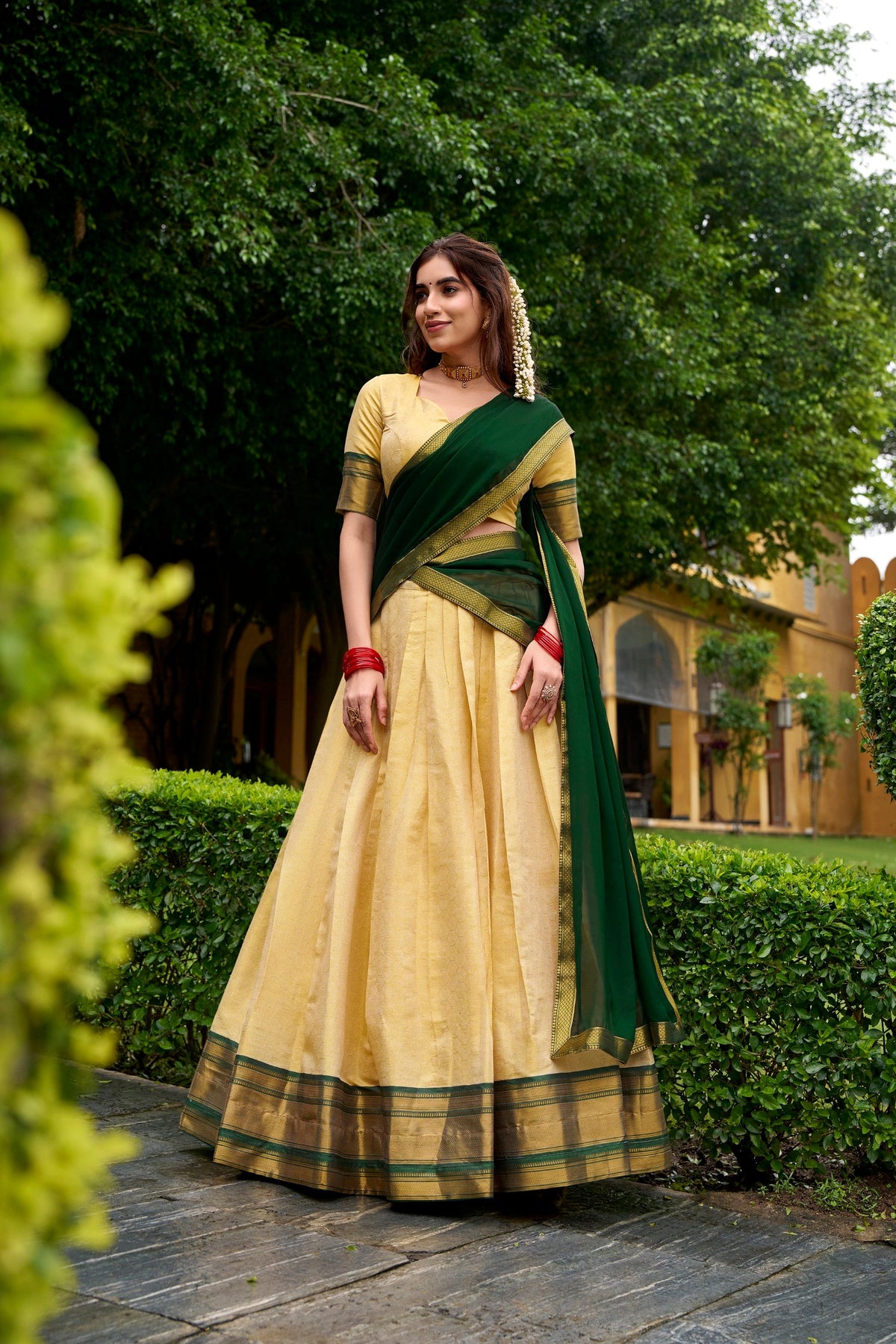 Lorenvalley Fashion Cream Kanchipuram Zari Weaving Work Lehenga Choli with Dupatta | Grocsy