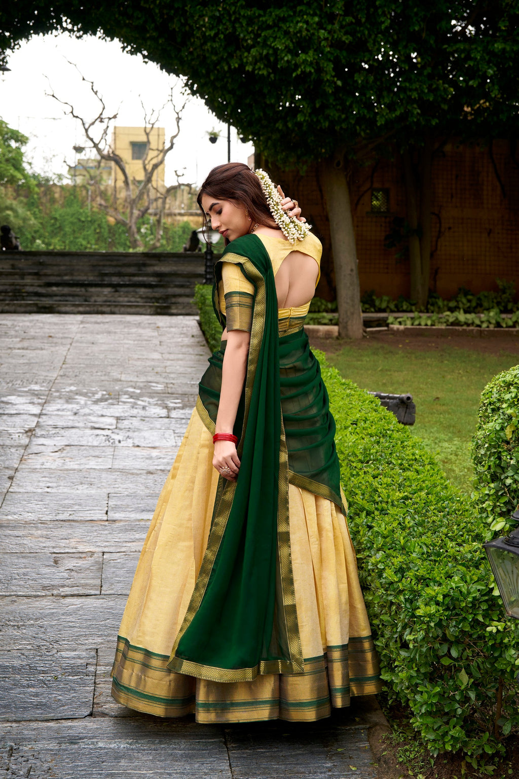 Lorenvalley Fashion Cream Kanchipuram Zari Weaving Work Lehenga Choli with Dupatta | Grocsy