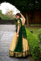 Lorenvalley Fashion Cream Kanchipuram Zari Weaving Work Lehenga Choli with Dupatta | Grocsy