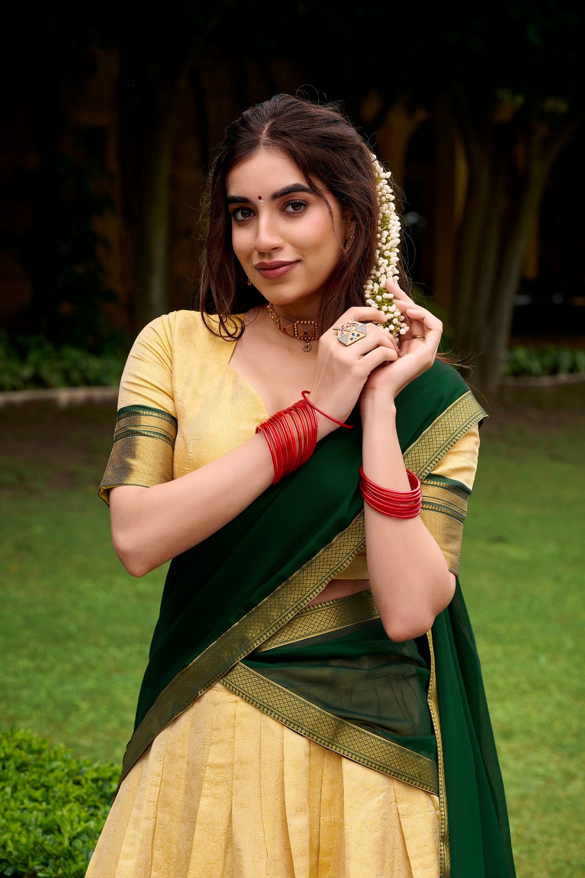 Lorenvalley Fashion Cream Kanchipuram Zari Weaving Work Lehenga Choli with Dupatta | Grocsy