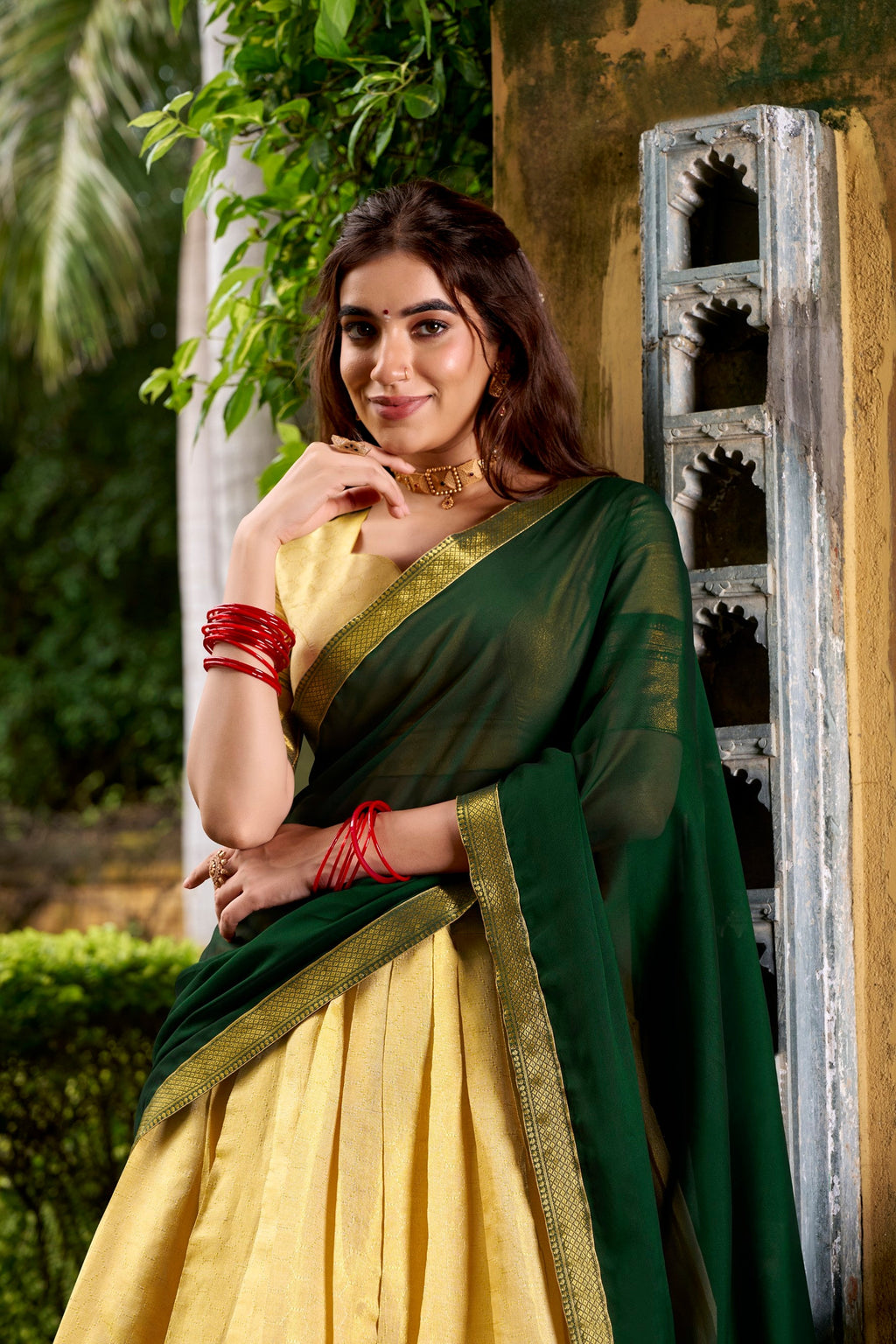 Lorenvalley Fashion Cream Kanchipuram Zari Weaving Work Lehenga Choli with Dupatta | Grocsy
