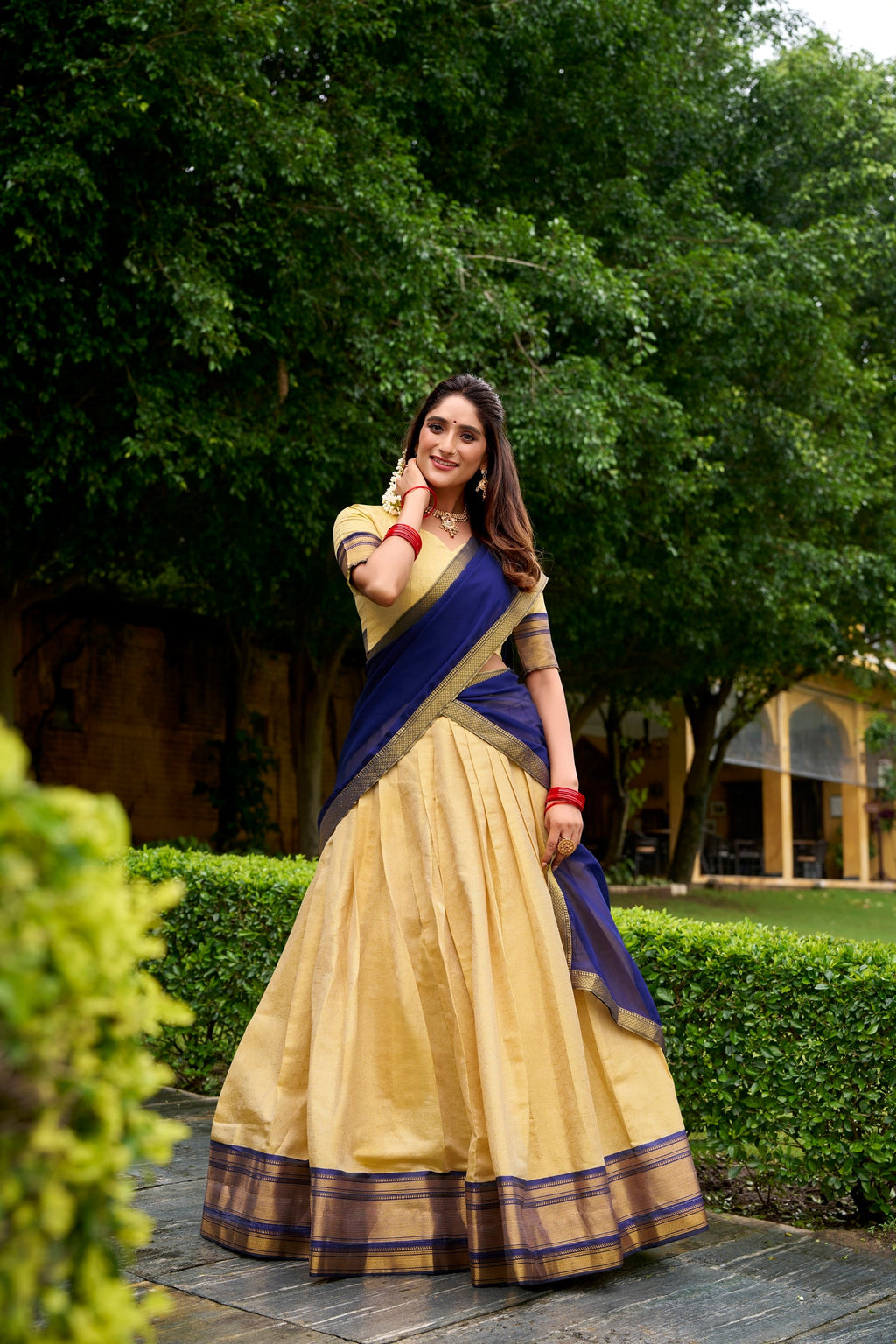 Lorenvalley Fashion Cream Kanchipuram Zari Weaving Work Lehenga Choli with Dupatta | Grocsy