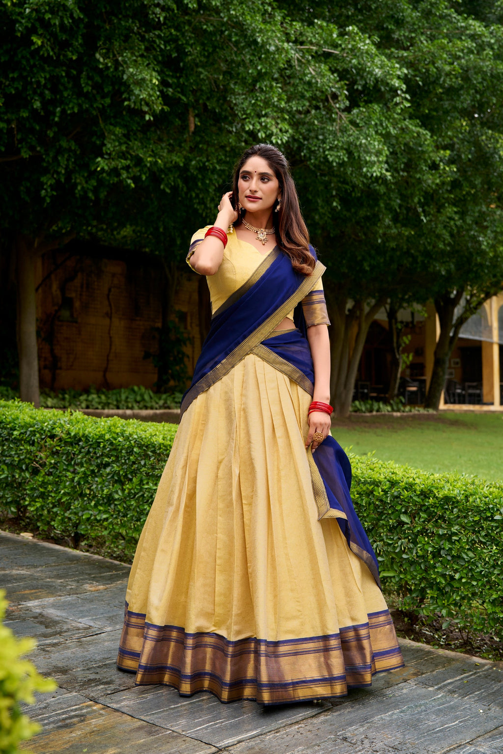 Lorenvalley Fashion Cream Kanchipuram Zari Weaving Work Lehenga Choli with Dupatta | Grocsy