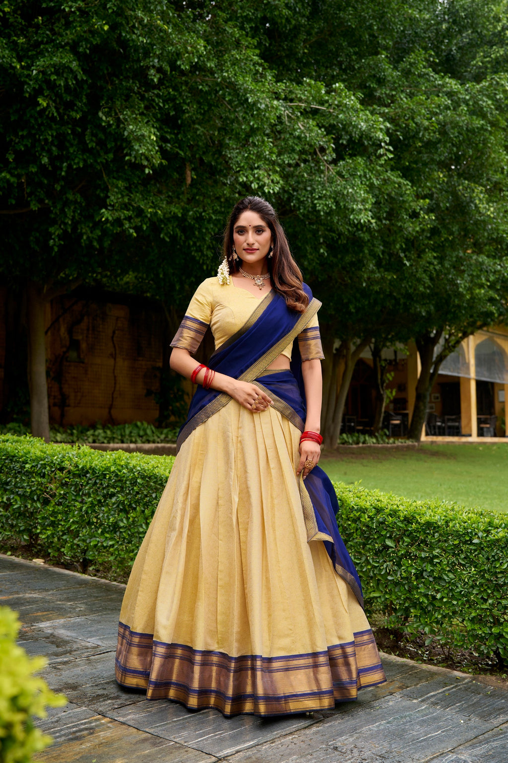 Lorenvalley Fashion Cream Kanchipuram Zari Weaving Work Lehenga Choli with Dupatta | Grocsy