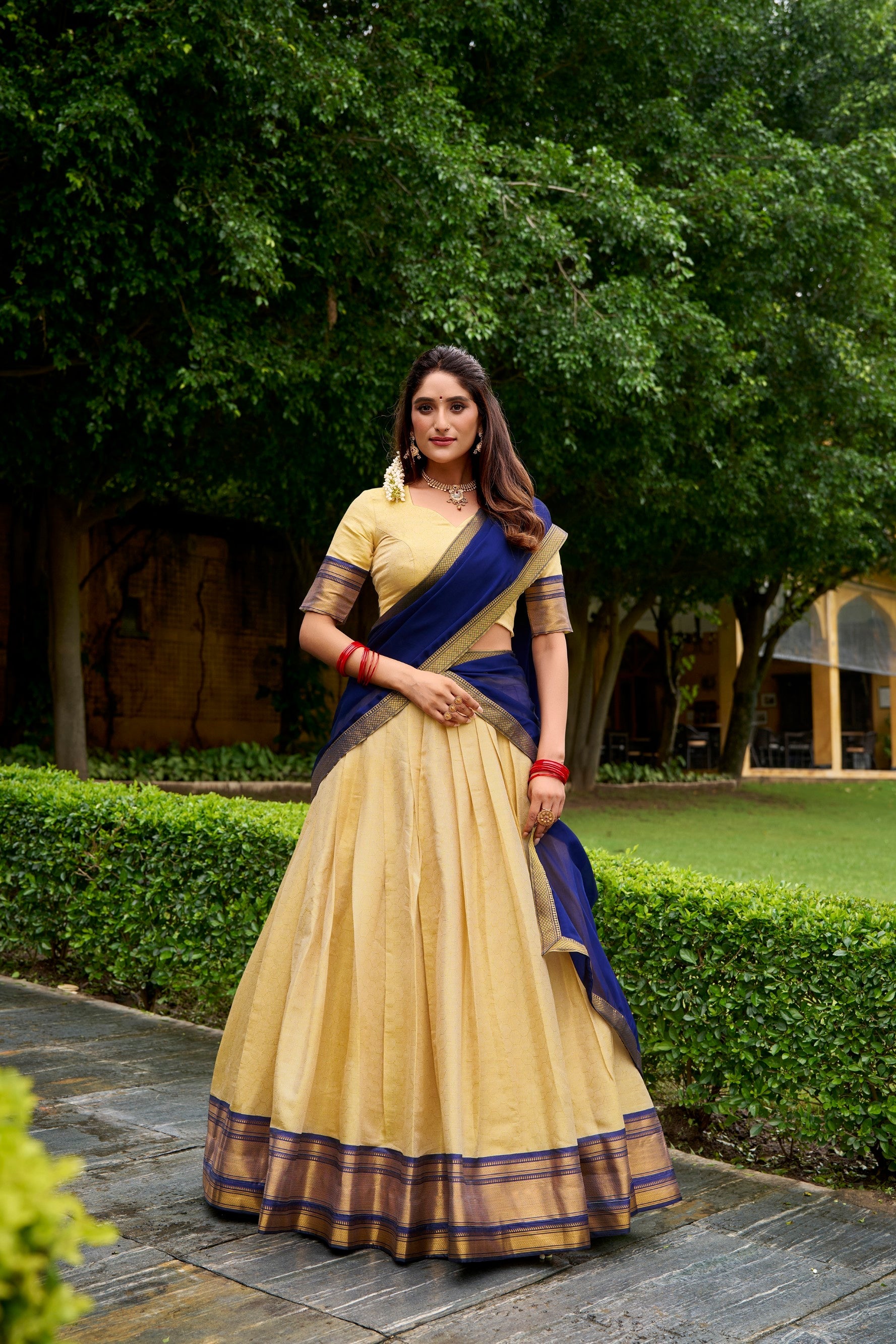 Lorenvalley Fashion Cream Kanchipuram Zari Weaving Work Lehenga Choli with Dupatta | Grocsy