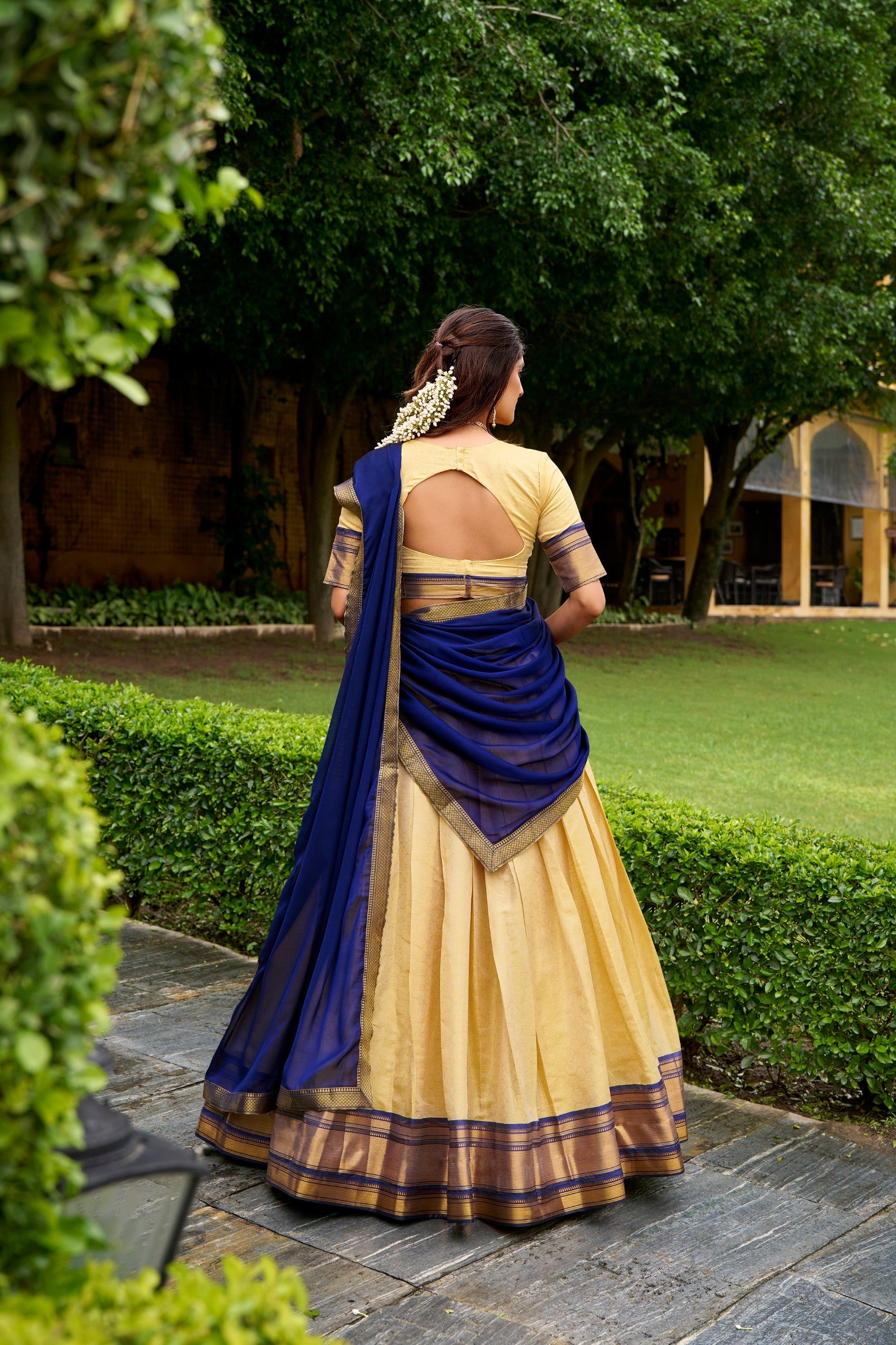 Lorenvalley Fashion Cream Kanchipuram Zari Weaving Work Lehenga Choli with Dupatta | Grocsy