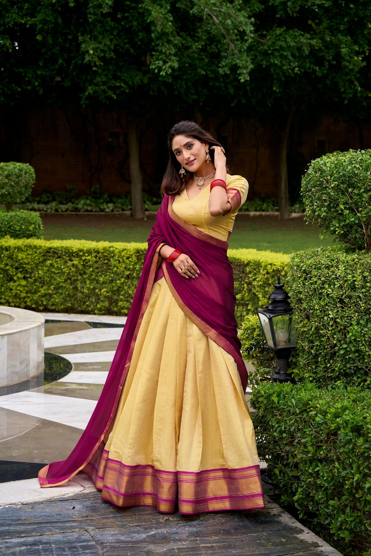 Lorenvalley Fashion Cream Kanchipuram Zari Weaving Work Lehenga Choli with Dupatta | Grocsy