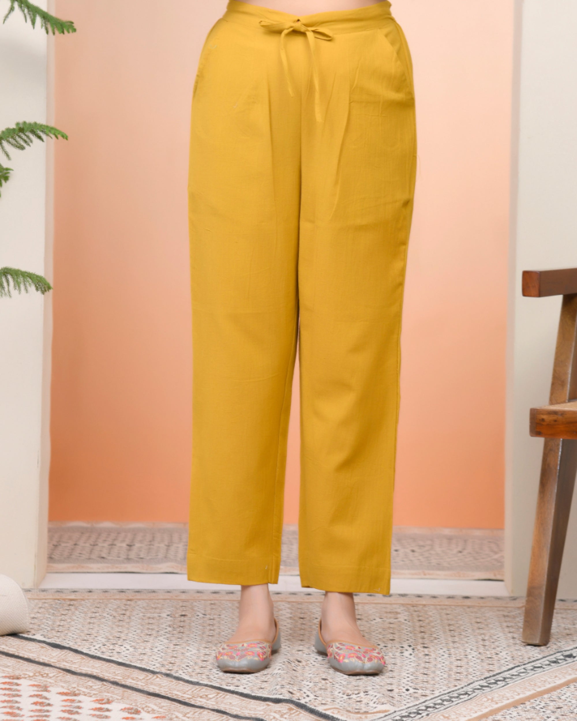 Vaasva Women Mustard Cotton Flax Solid Straight Pants | Grocsy