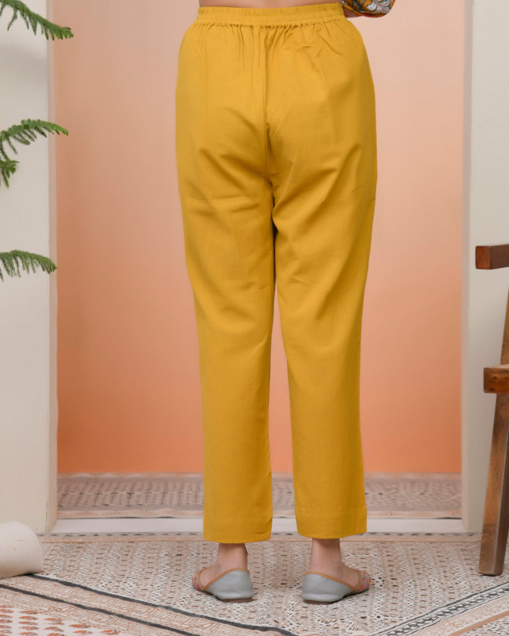 Vaasva Women Mustard Cotton Flax Solid Straight Pants | Grocsy