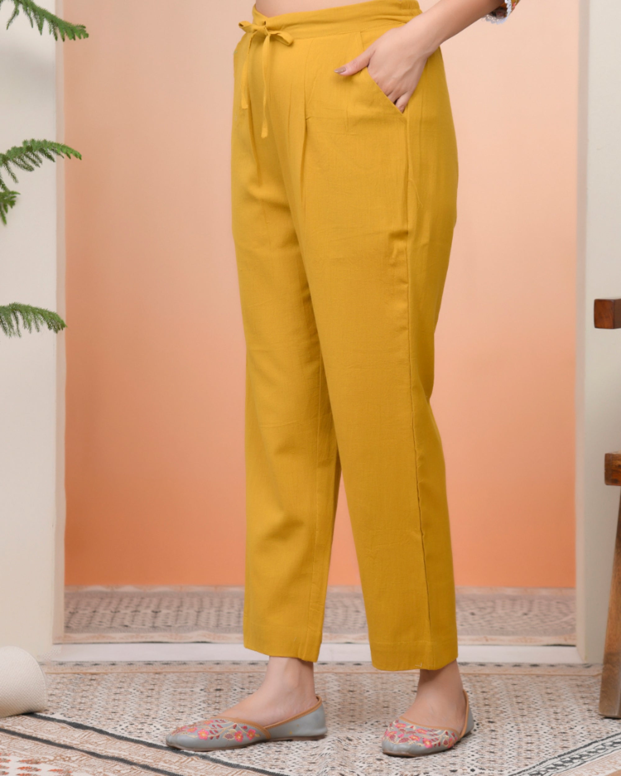 Vaasva Women Mustard Cotton Flax Solid Straight Pants | Grocsy