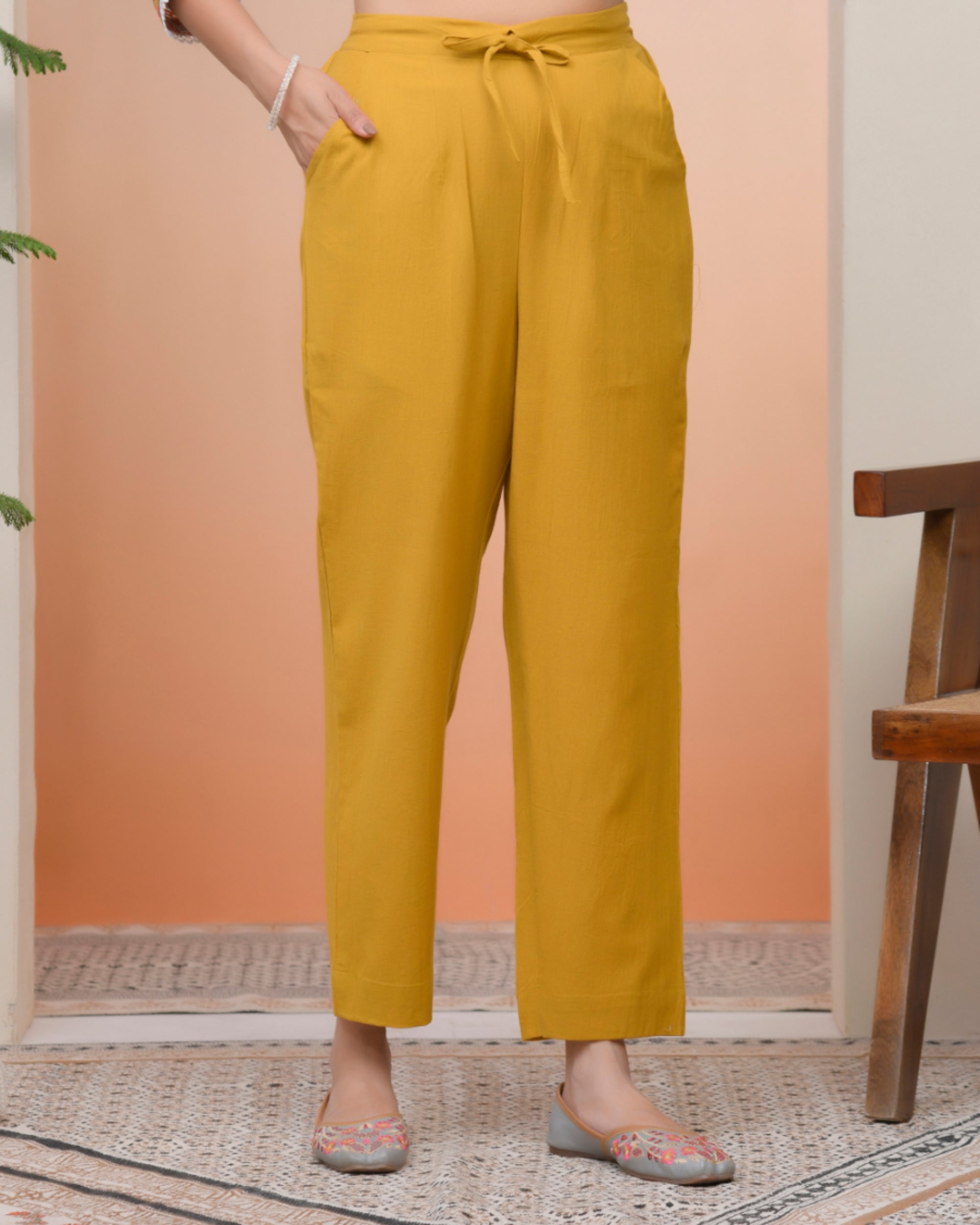 Vaasva Women Mustard Cotton Flax Solid Straight Pants | Grocsy
