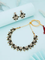 Tehzeeb Creations Black & White Gold Pleated Stone Studded Necklace With Earrings | Grocsy