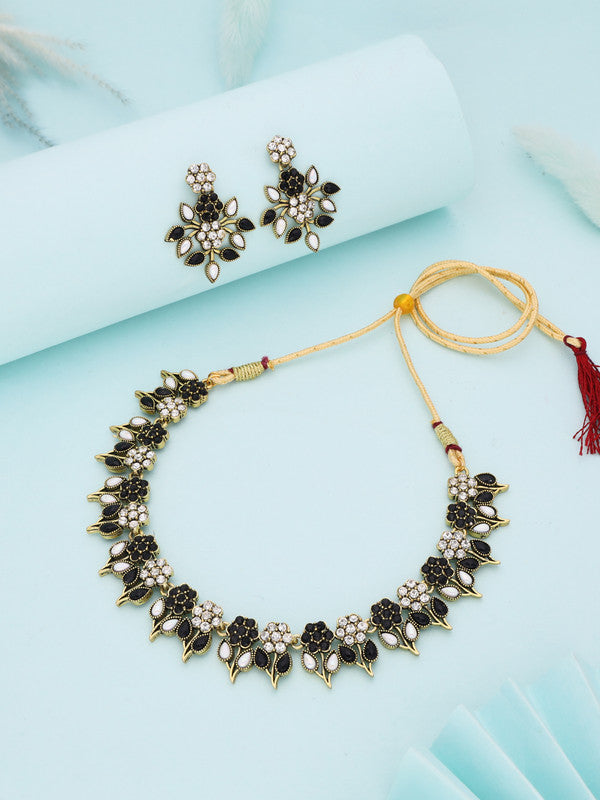 Tehzeeb Creations Black & White Gold Pleated Stone Studded Necklace With Earrings | Grocsy