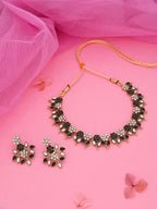 Tehzeeb Creations Black & White Gold Pleated Stone Studded Necklace With Earrings | Grocsy