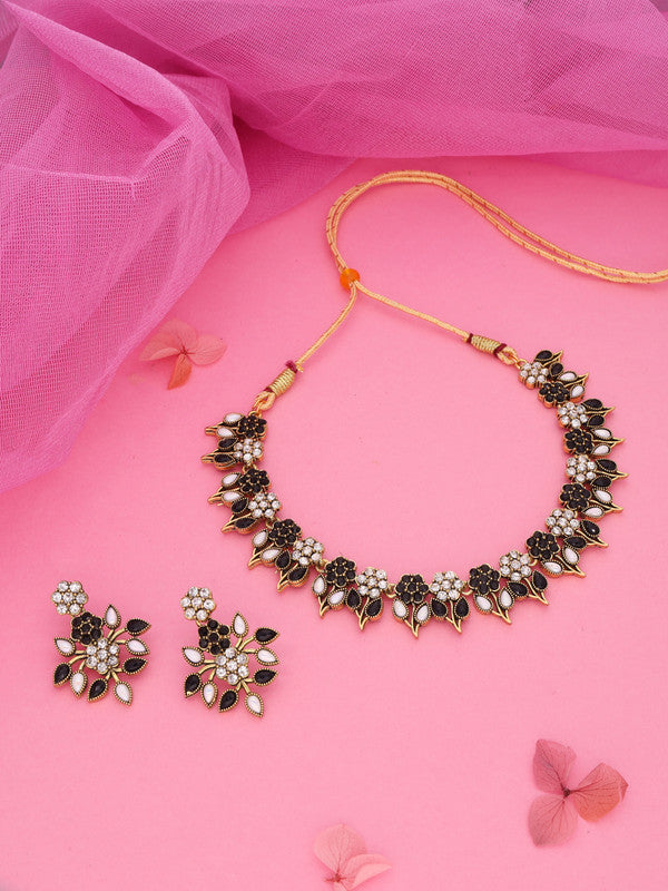 Tehzeeb Creations Black & White Gold Pleated Stone Studded Necklace With Earrings | Grocsy