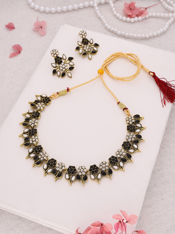 Tehzeeb Creations Black & White Gold Pleated Stone Studded Necklace With Earrings | Grocsy