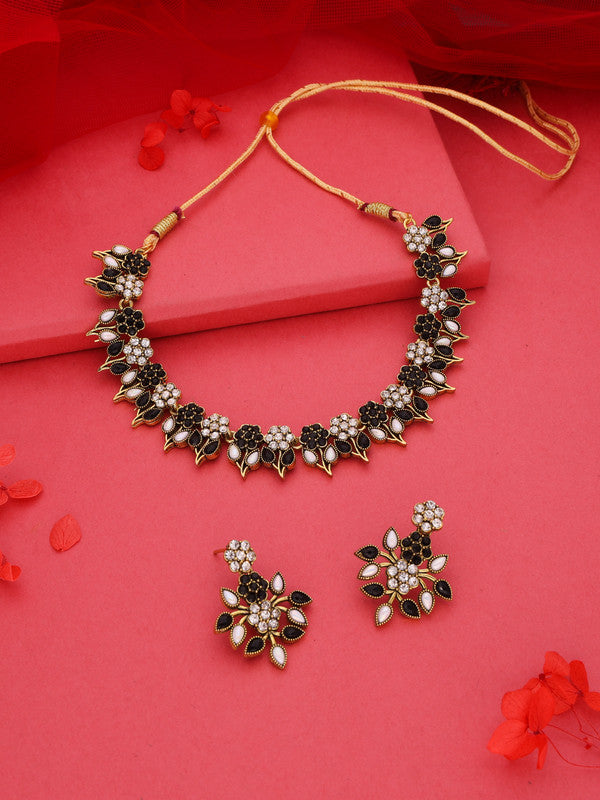Tehzeeb Creations Black & White Gold Pleated Stone Studded Necklace With Earrings | Grocsy